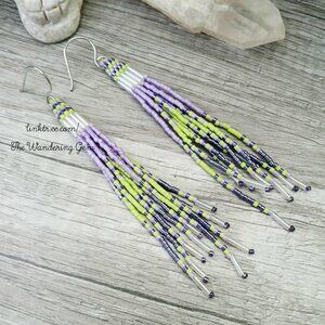 Jellyfish Beaded Fringe Shoulder Duster Dangle Earrings, Purple & Green 4.5"